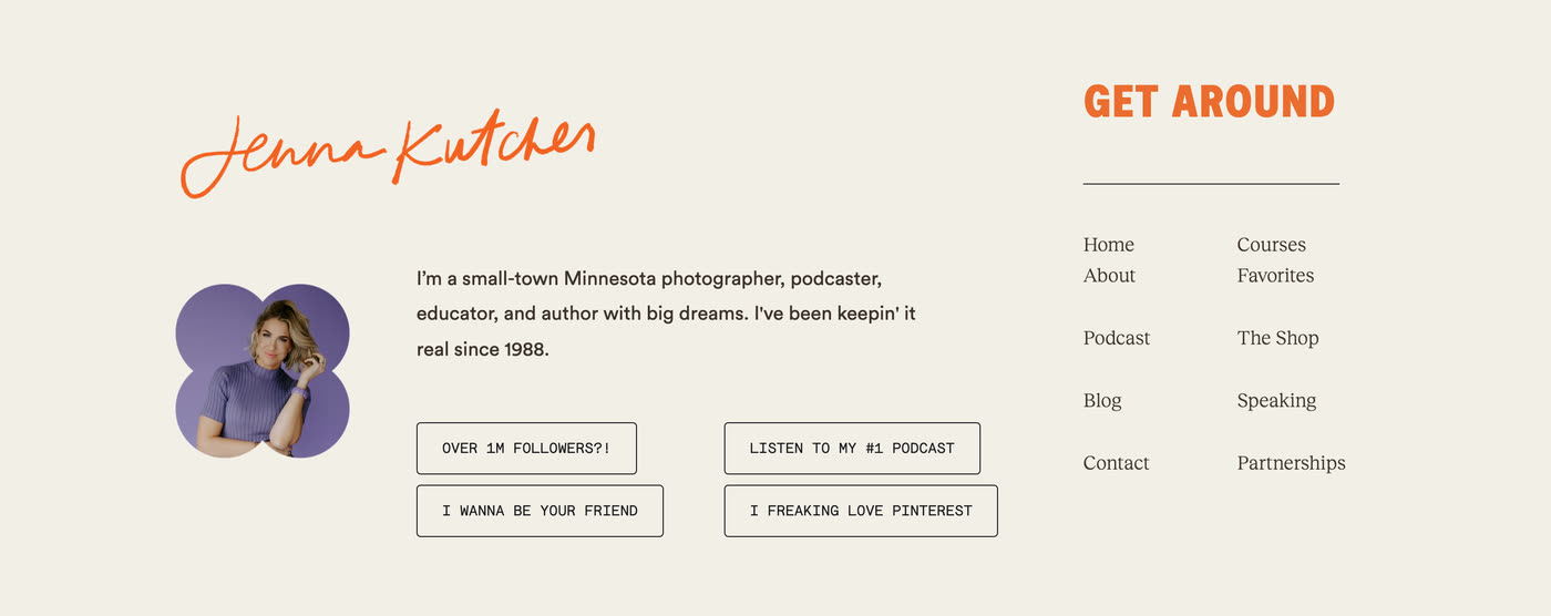 Build — Footer — signature, bio, socials, Get Around