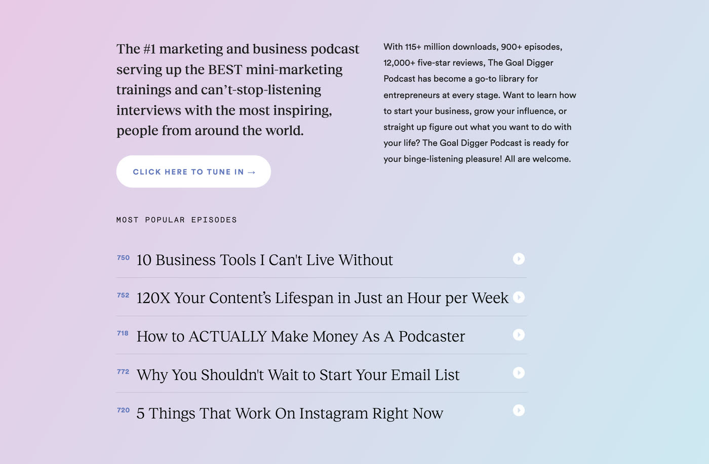 Origin — Podcast — two columns + episode list