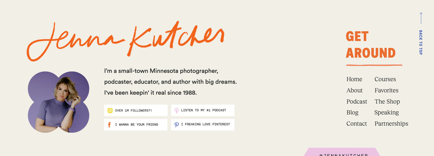 Origin — Footer — signature, bio, socials, Get Around